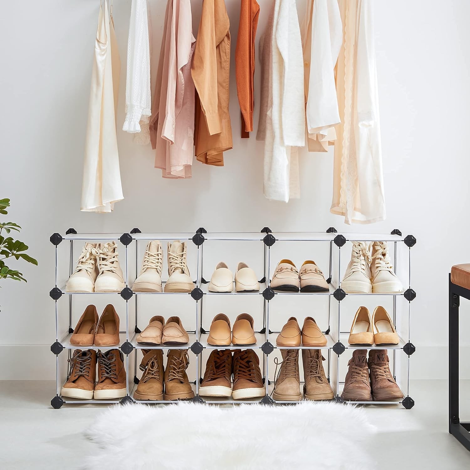 Shoe Rack with 16 Cubes, Interlocking Plastic Shoe Rack, Clear