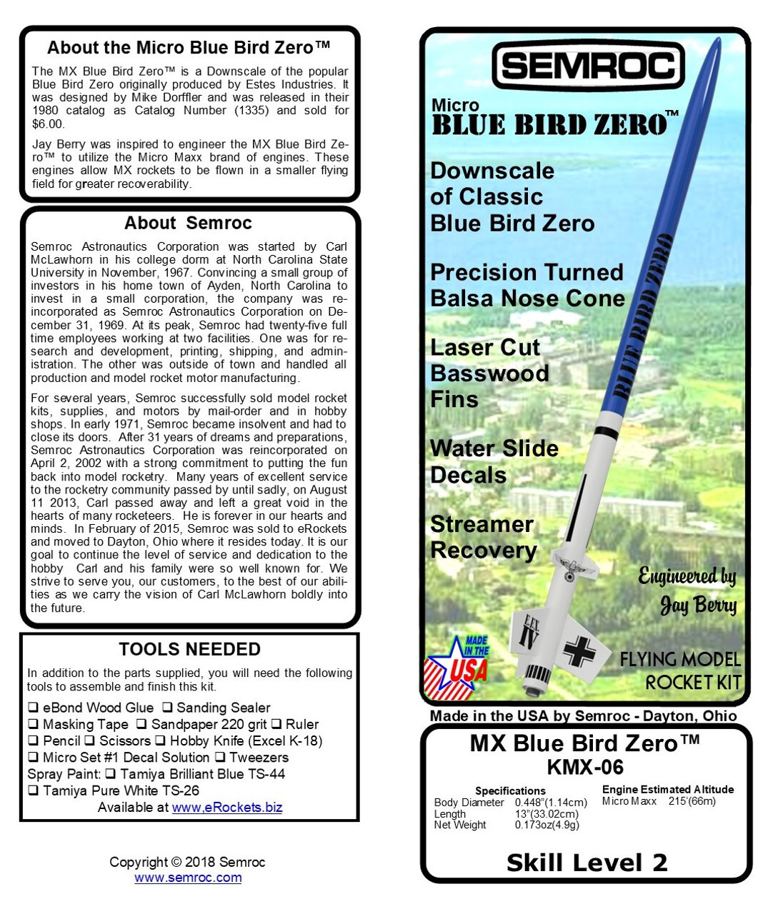Semroc Flying Model Rocket Kit Micro(MX) Blue Bird Zero™ KMX-06