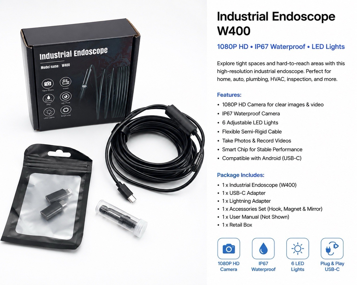 Industrial Endoscope W400 HD Inspection Camera USB-C Waterproof LED Light