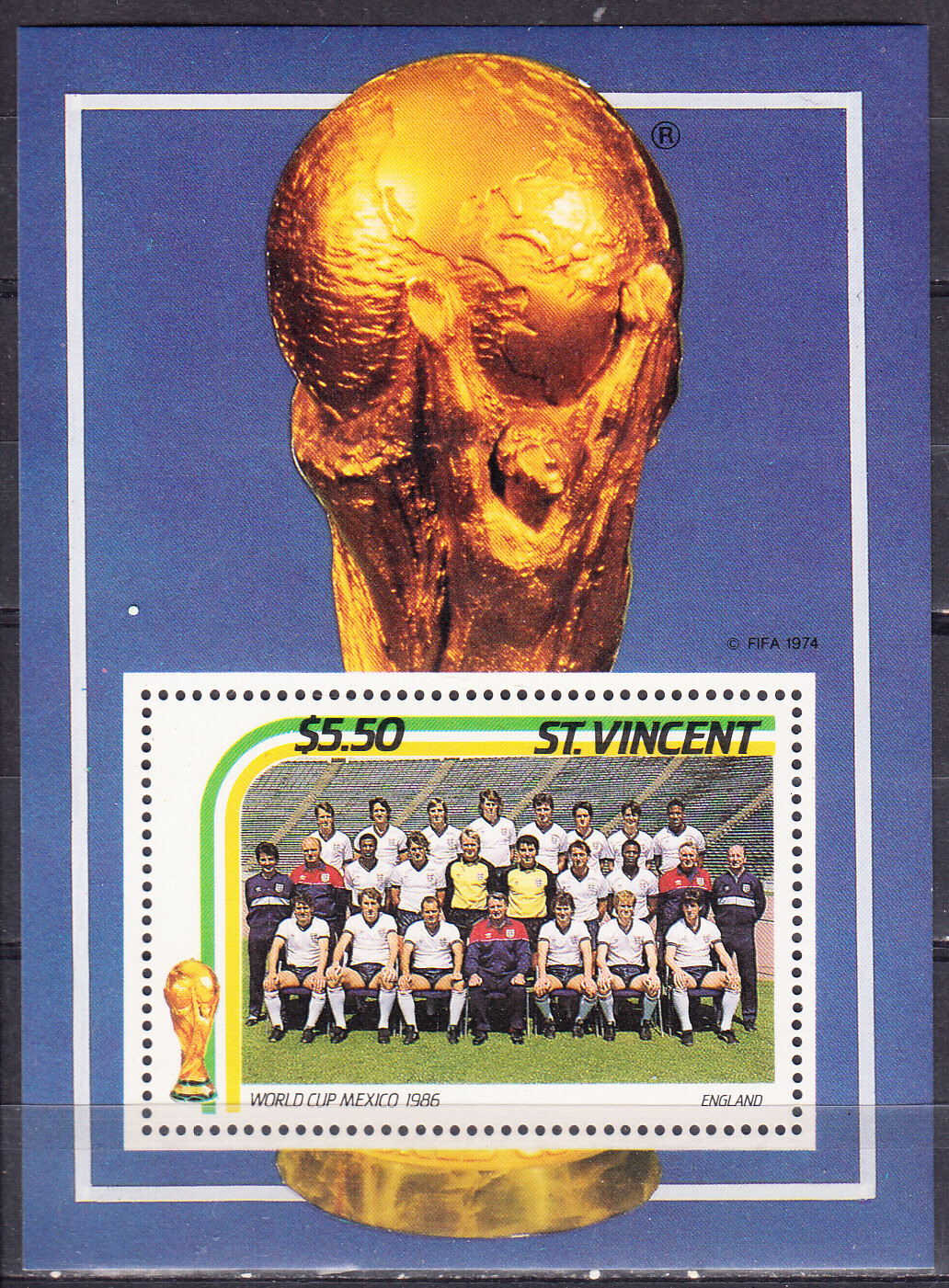 W SAINT-VINCENT 0951 MEXICO WORLD FOOTBALL CUP ENGLAND TEAM SOUVENIR SHEET