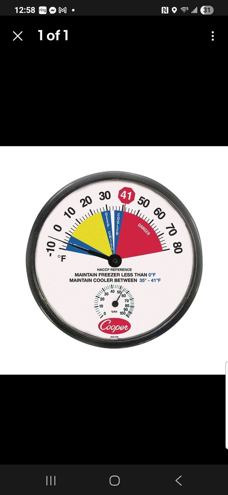 COOPER ATKINS 212-159-8 Freezer and Cooler Analog Thermometer 5GUM6
