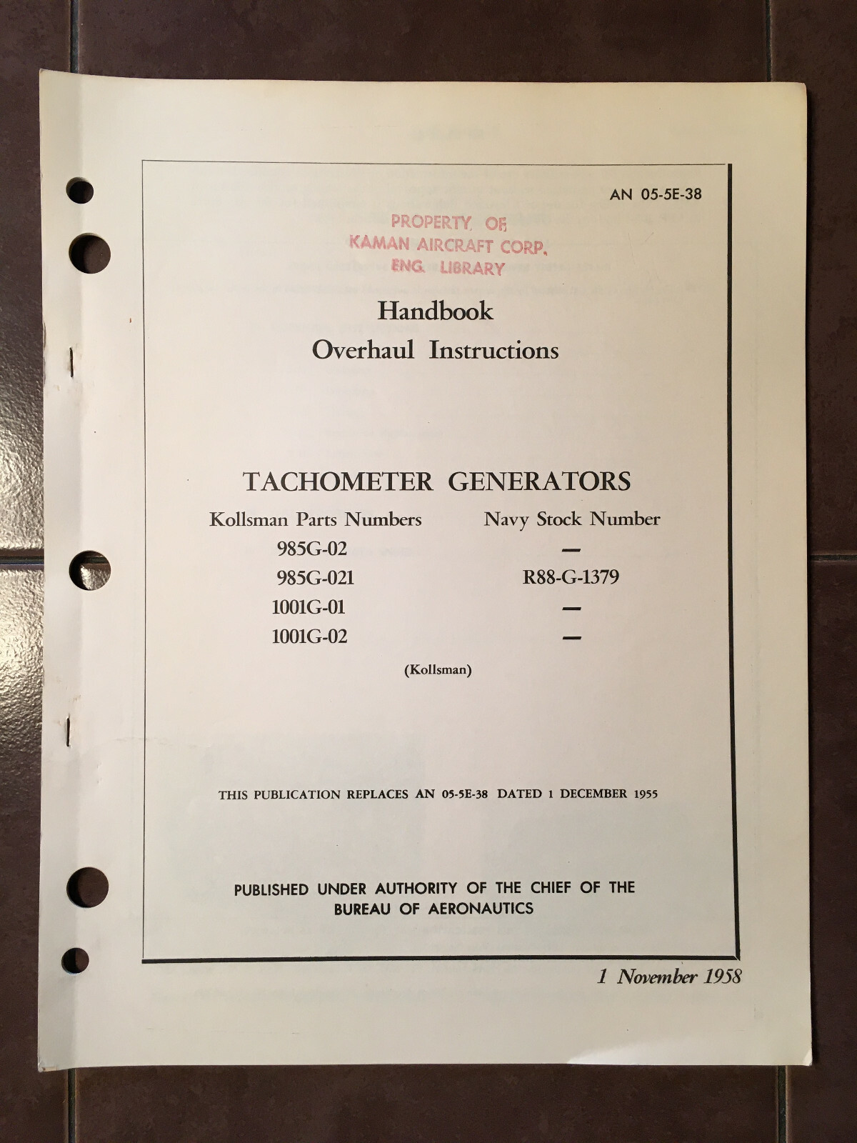Kollsman Tachometer Generators 985G-02 985G-021 1001G-01 1001G-02 OHC Manual