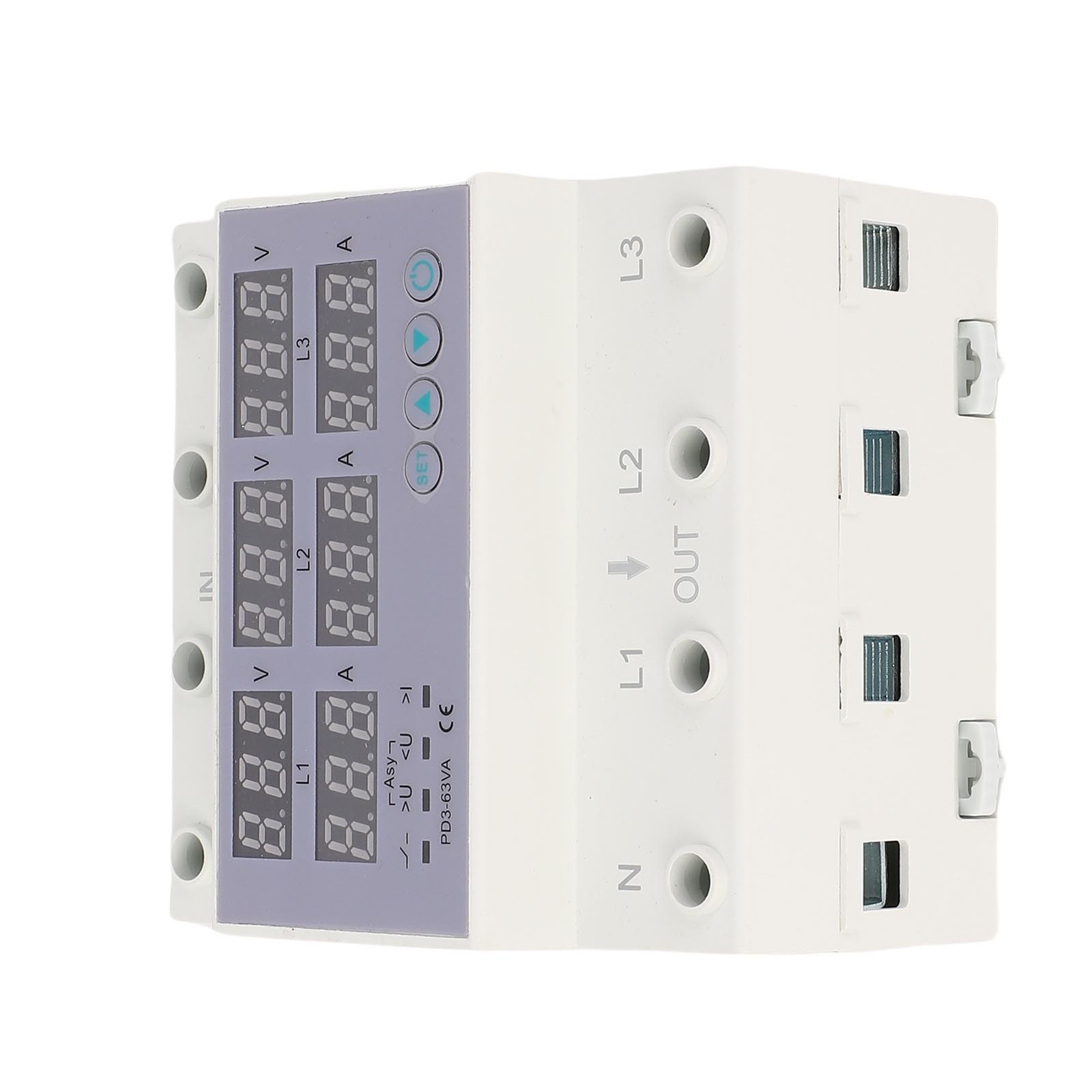 63A 3 Phase DIN Rail Voltmeter Ammeter Auto Overvoltage Overcurrent Protector AC