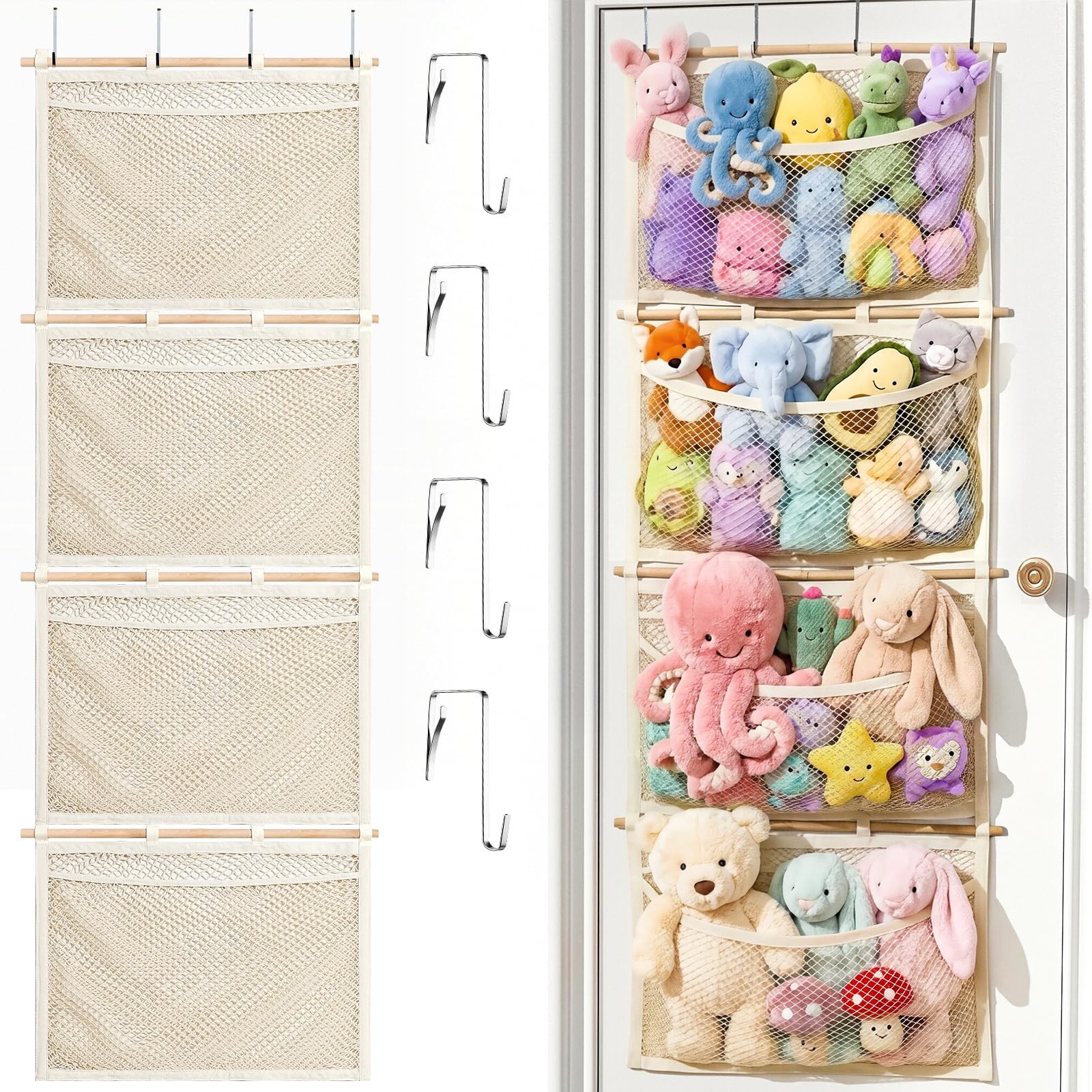 Over Door Large-Capacity Stuffed Animal Storage with Metal Hook & Wooden Stic...