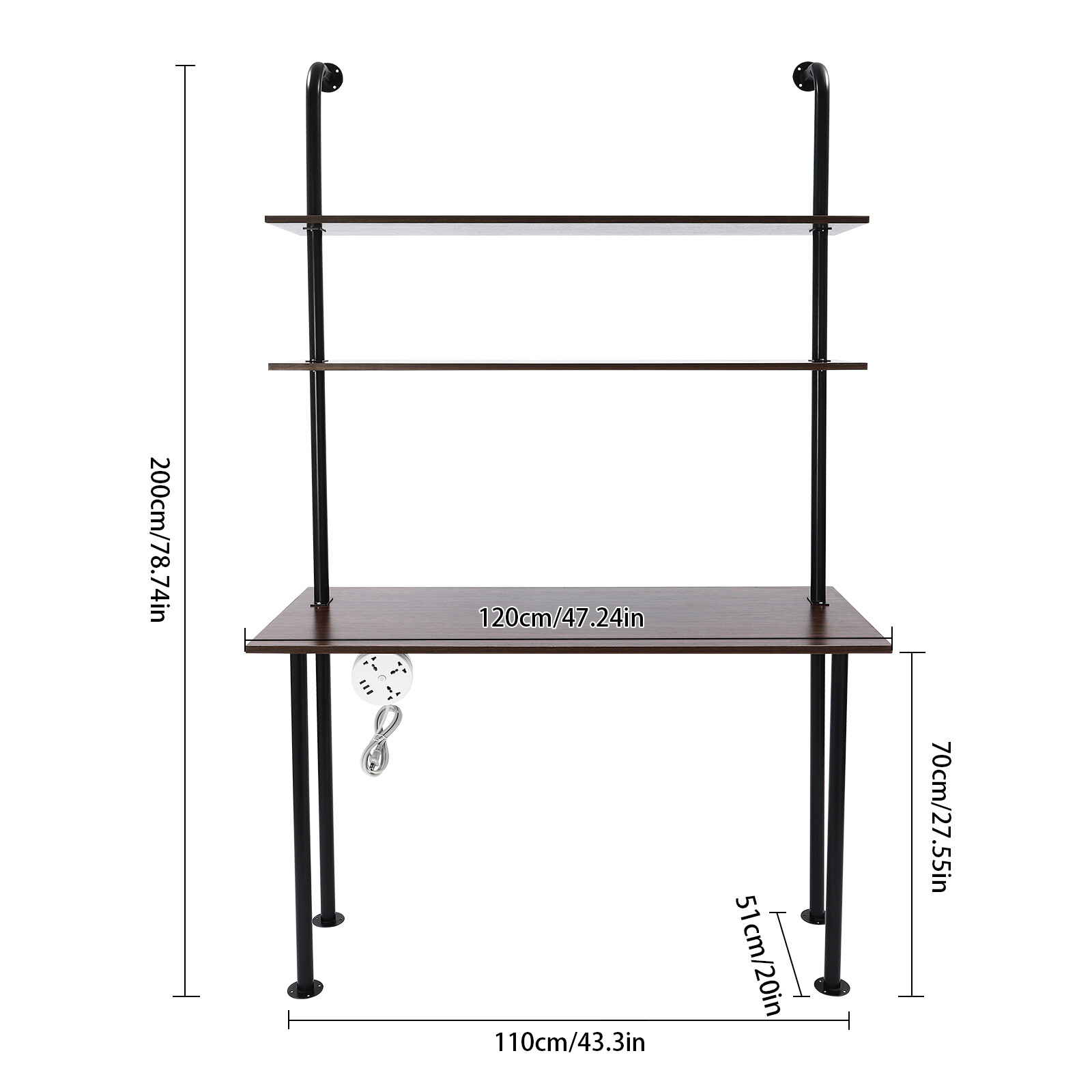 Wall Mounted Table Standing Desk Computer Laptop Desk W/Power Strip Modern Black
