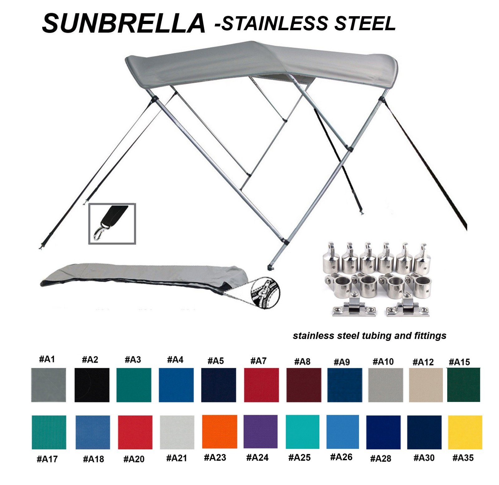 STAINLESS STEEL 9.25oz ACRYLIC 3 BOW ROUND TUBE BIMINI TOP 67"-72"W X 6'L X 36"H