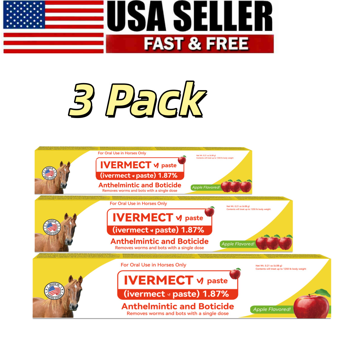 3 Packs New Paste Wormer Horse Dewormer Apple Flavor in US Free Shipping1/2028