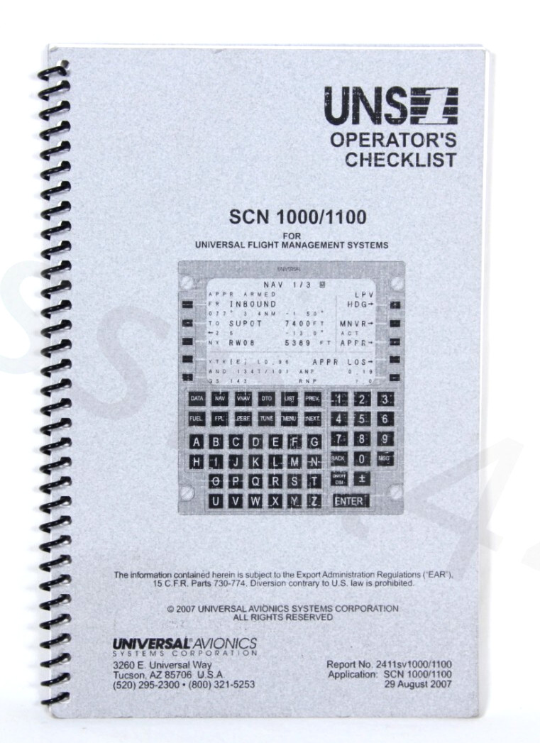 UNIVERSAL SCN 1000 1100 Operator's Checklist Avionics Flight Management 2007 New