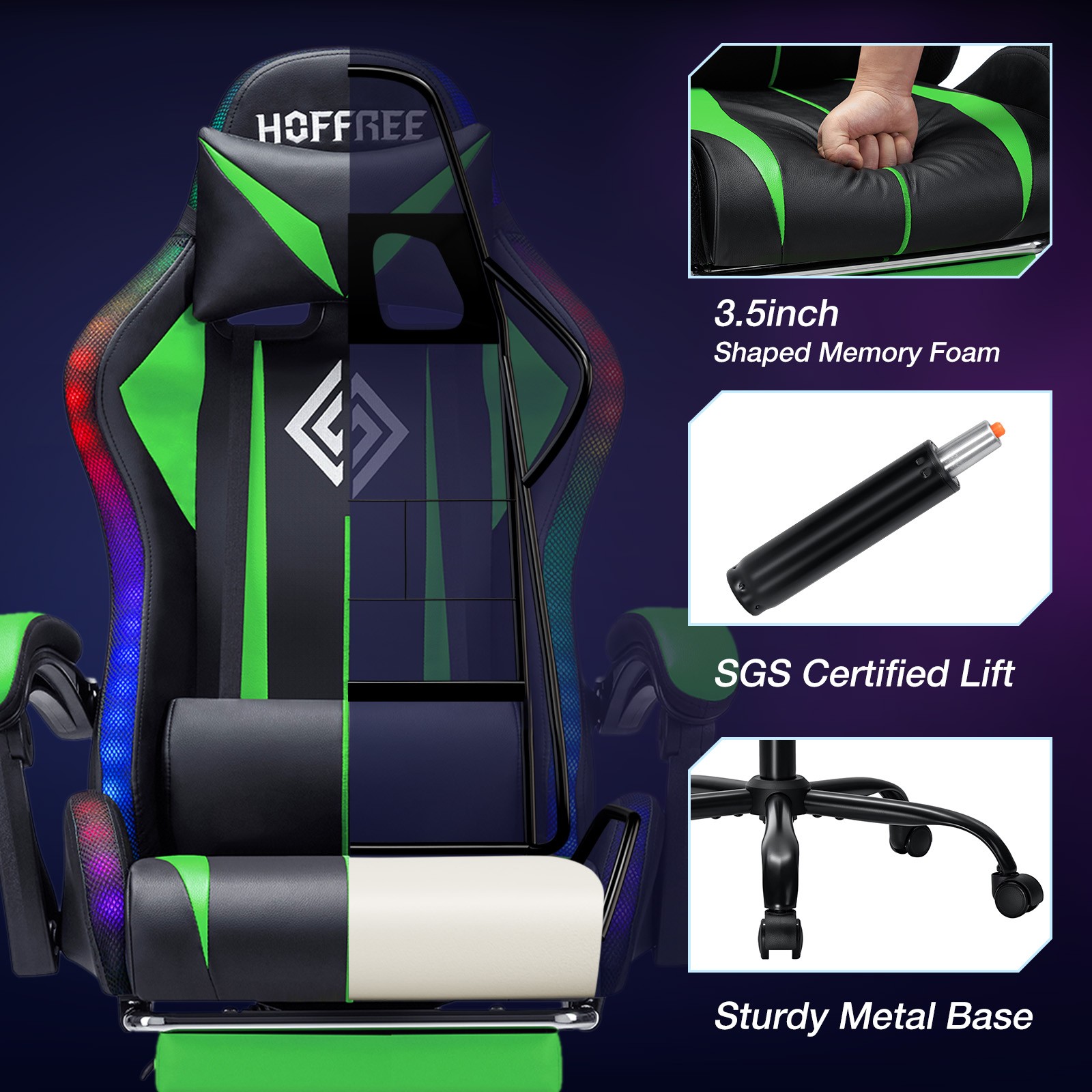 RGB Gaming Chair W/ Bluetooth Speakers Massage Ergonomic High Back W/Footrest US