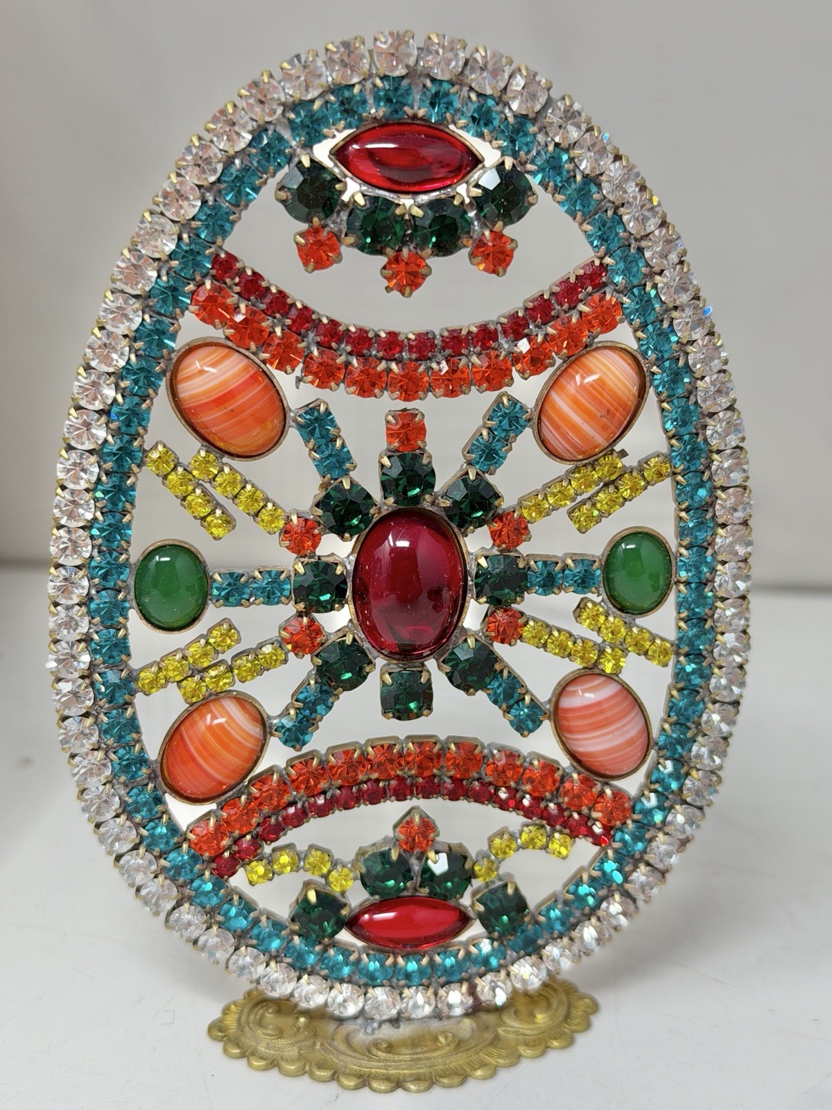 Vintage Czech Rhinestone Glass Standing Easter Egg Ornament Mid Century