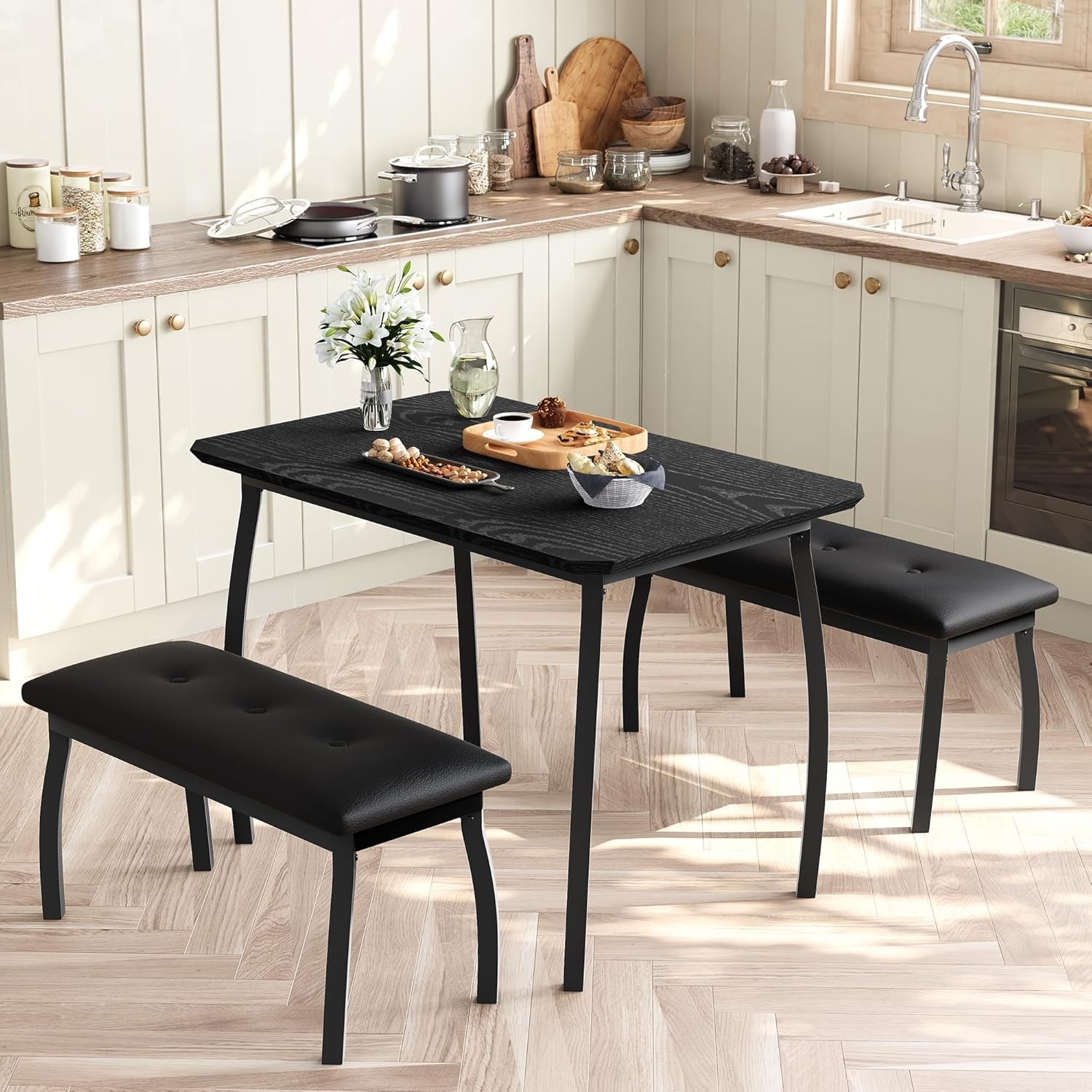 3 pcs Dining Table Set for 4 Kitchen Table with 2 Upholstered Bench Dining Room