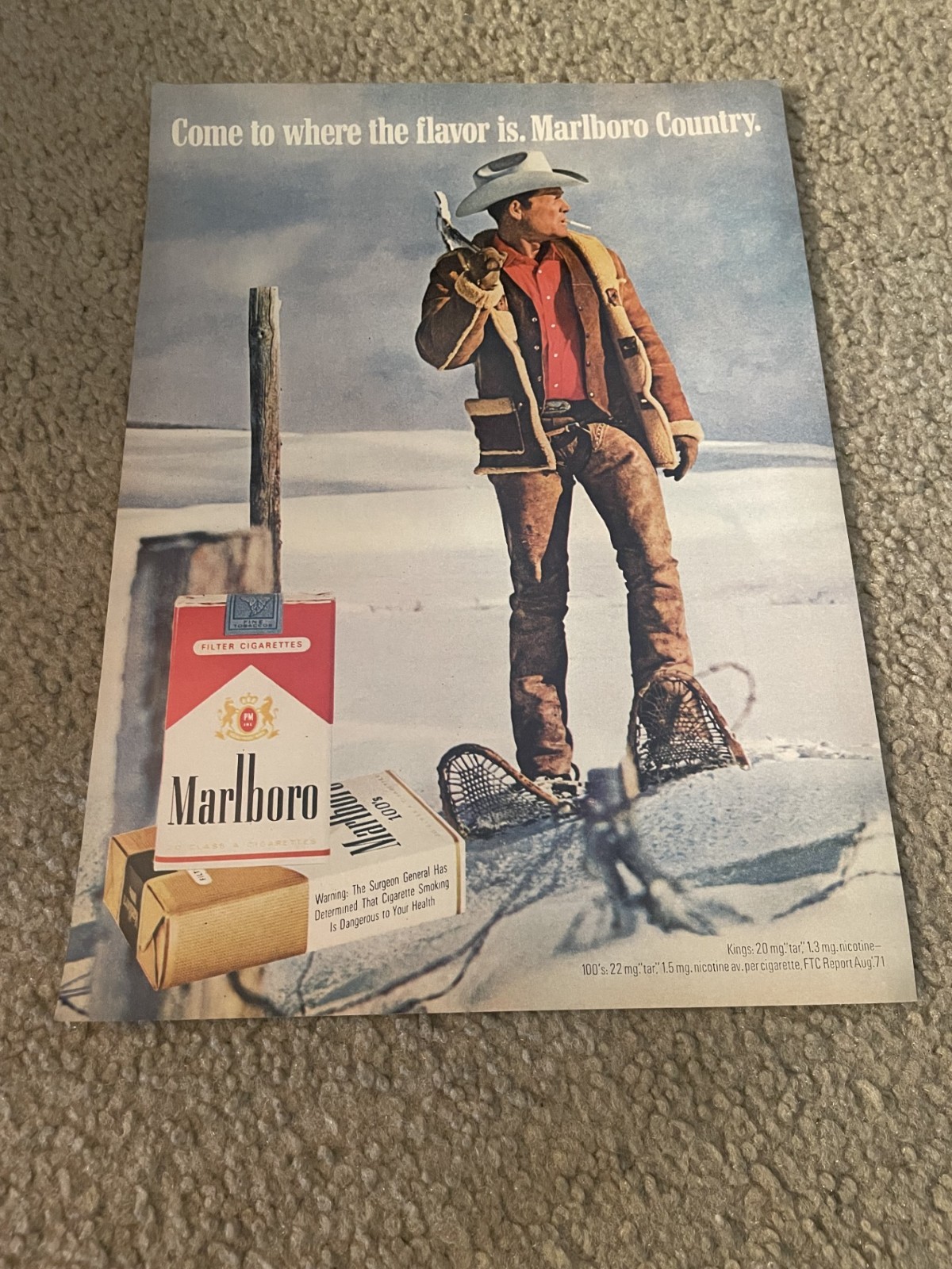 Vintage 1971 MARLBORO CIGARETTES LONGHORN 100's Print Ad COWBOY SMOKING 1970s
