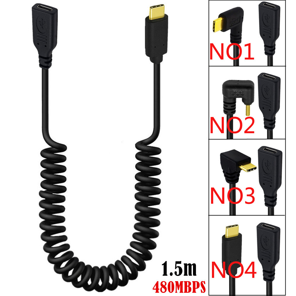 1.5m Spiral Coiled Angled 90° Type C Male to Female Extension Cable Elastic Cord