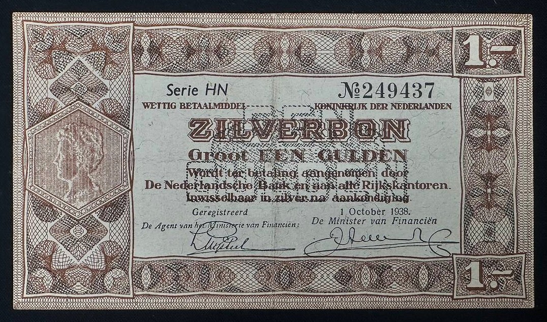 ZILVERBON Netherlands 1938 1 Gulden Silver Voucher CIRCULATED🐉