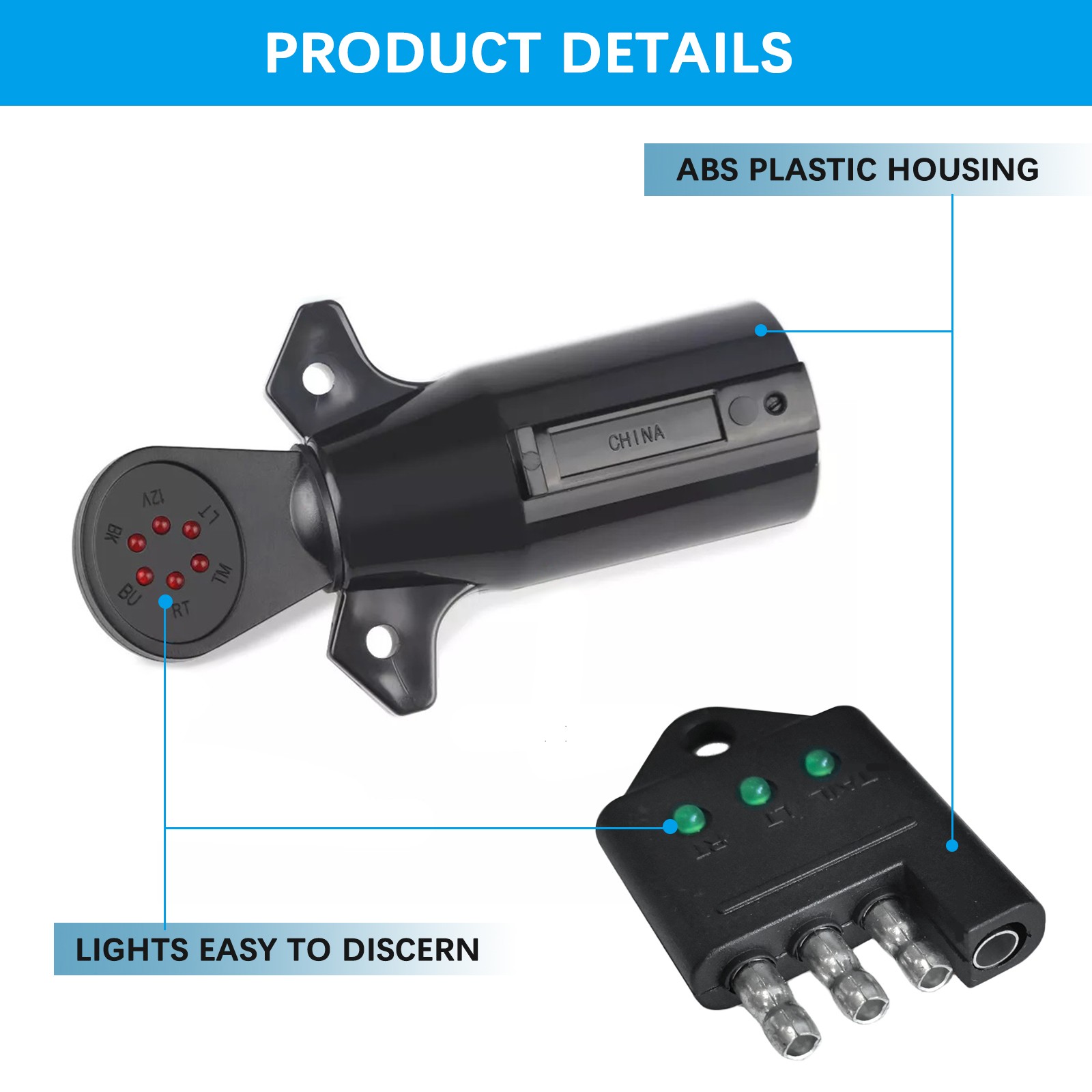 7 Way 4 Pin Flat Round RV Blade Trailer Wiring Tester Light Connector Test Plug