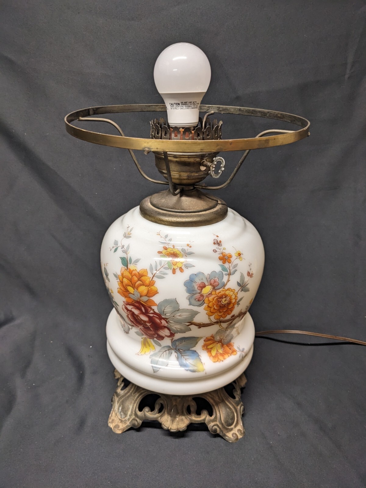 Large Hand Painted Floral Flowers Glass Electric Hurricane Parlor Table Lamp
