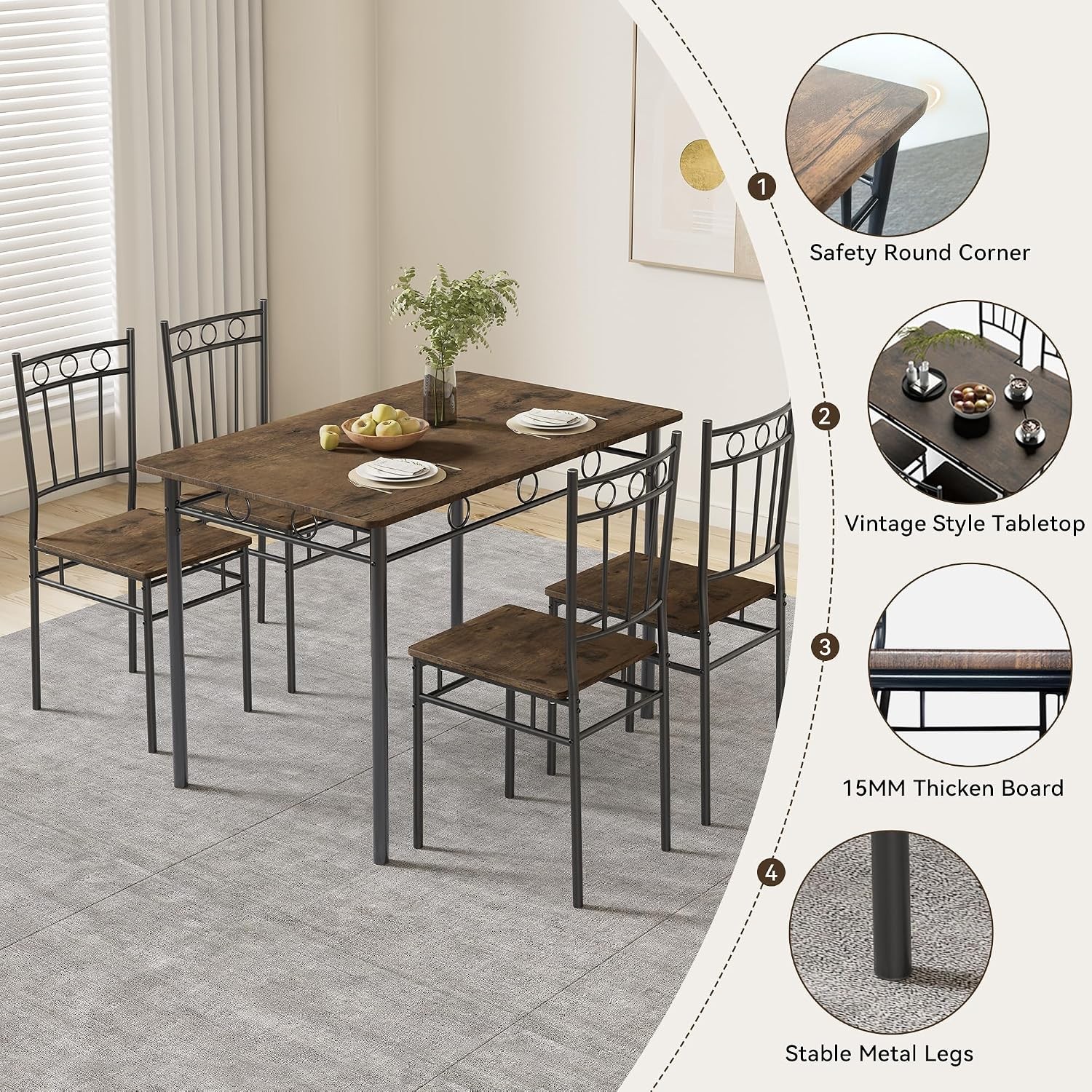 Dining Table Set for 4 5-Piece Kitchen Table and Chairs Rectangular Dining Room