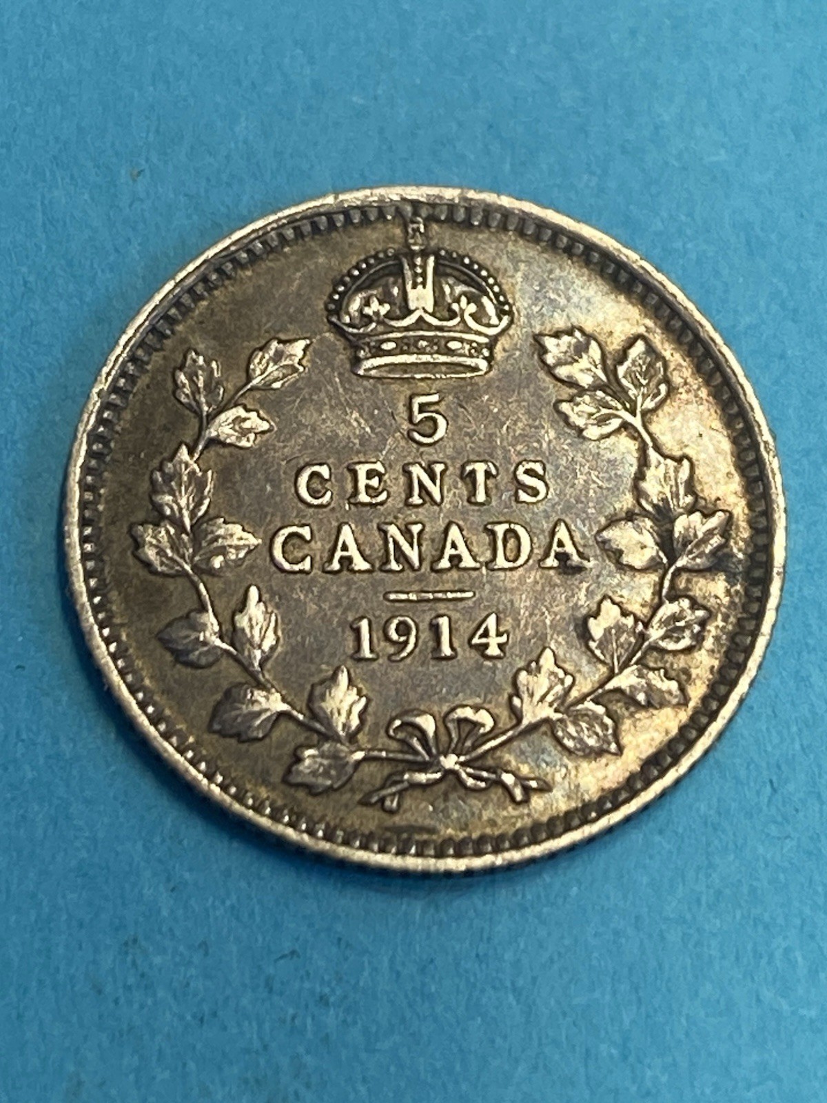 1914 Canada 5 Cent George V  Sterling Silver Nickel  Nice Grade Coin