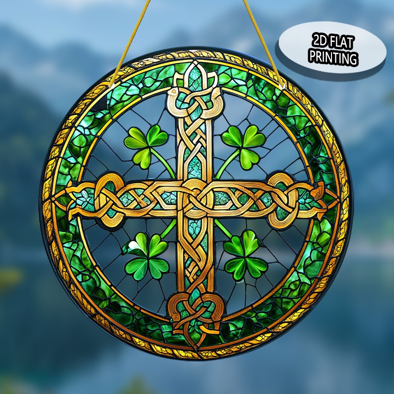 St Patricks Day Celtic Cross Acrylic Suncatcher Shamrock Pattern Round Decor