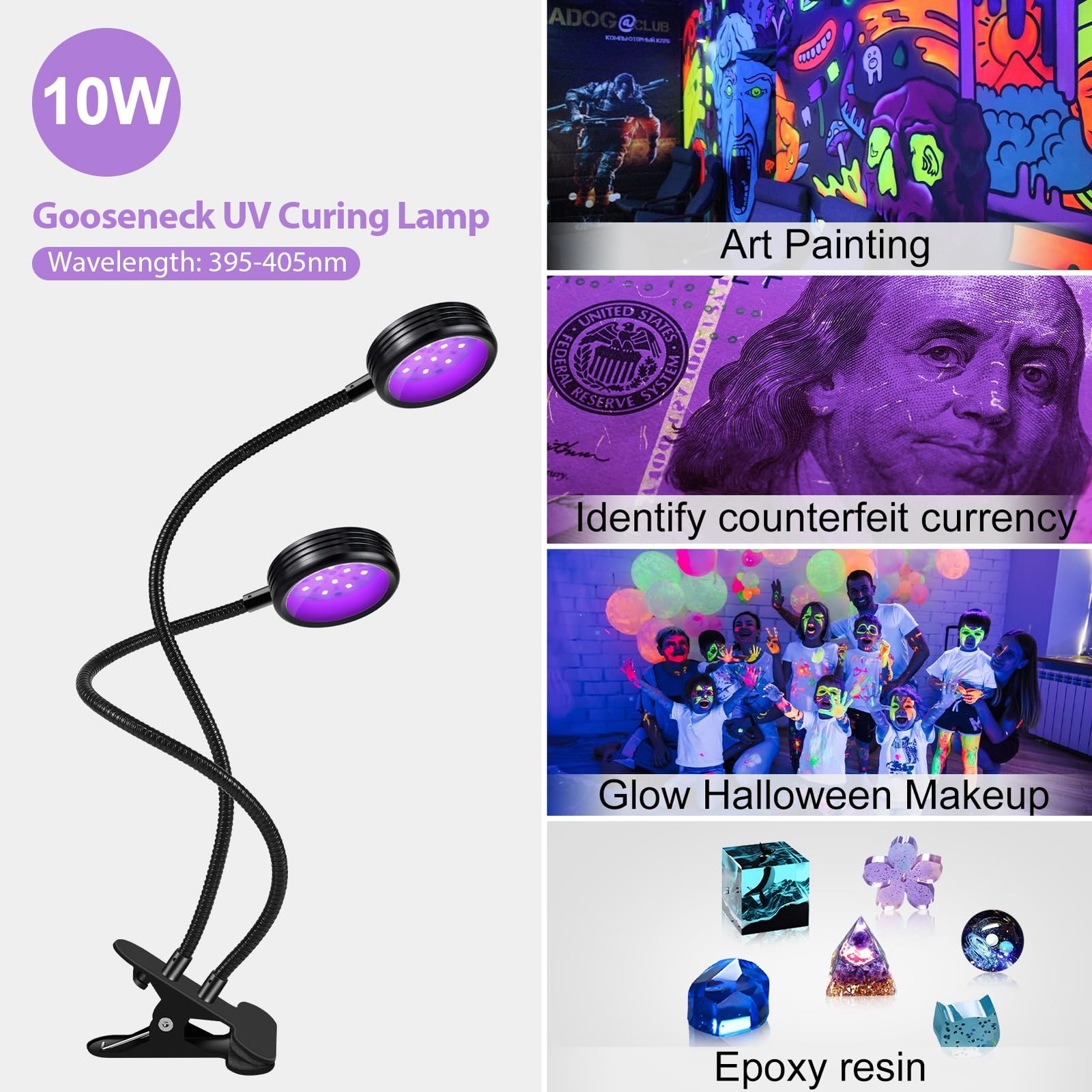 USB UV Black Light Dual Head, 10W 395nm-405nm LED Lamp with Clamp, Gooseneck ...