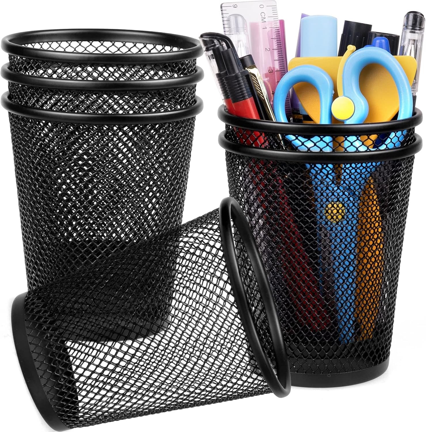 Mesh Pencil Holder for Desk 6 Pack, Metal Pen Cup Black | Pen Holder for Desk,