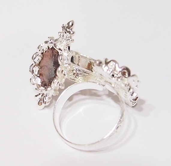 6 - 14x10mm Shiny Silver Victorian Deco Lefleur Design Adjustable Ring Settings