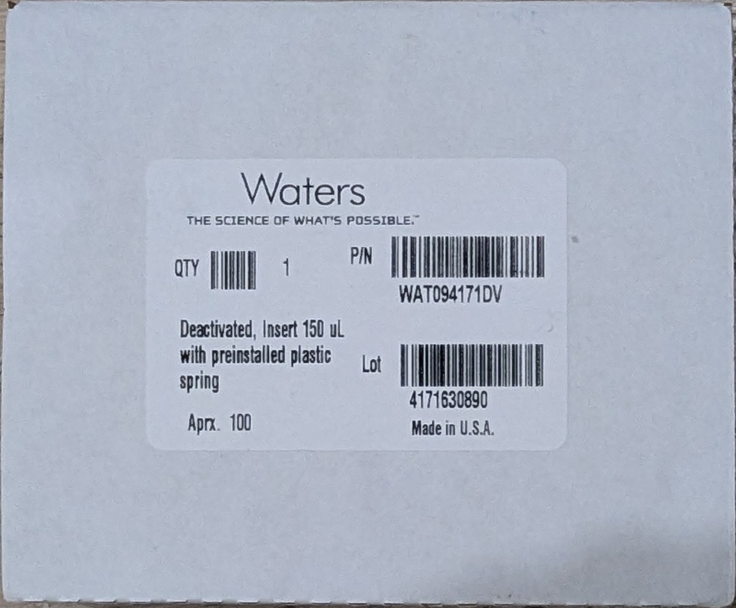 NEW Waters Deactivated Clear Glass Insert, 150 µL Volume with Polyspring, 100/pk