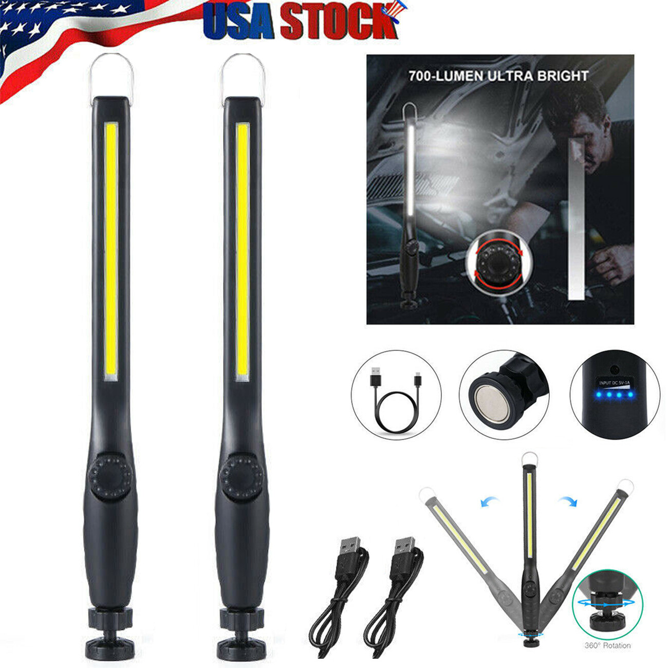 Bright Strong Magnetic Work Light USB Rechargeable Flashlight Flexible Torch