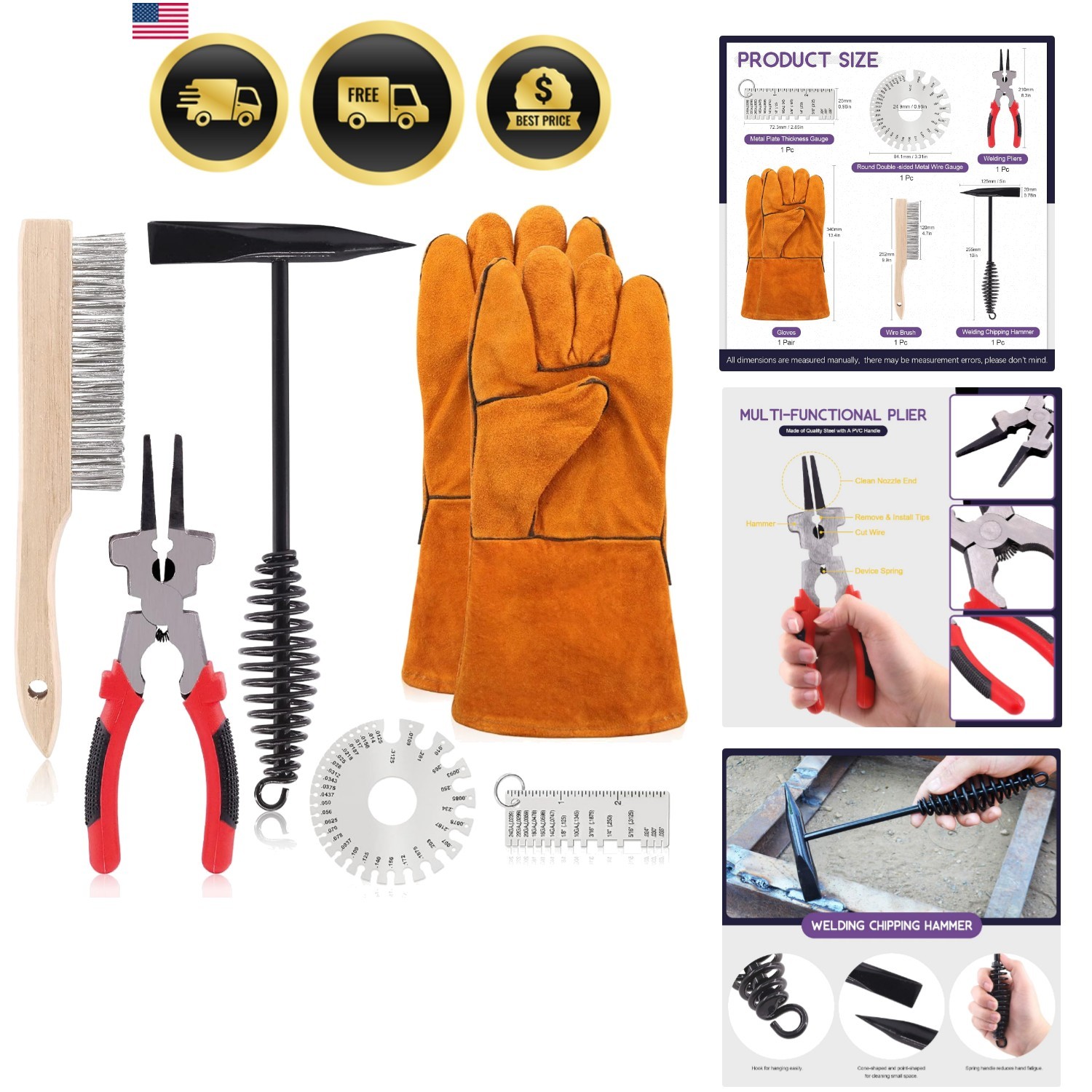 7Pcs 10 Inch Scratch Wire Brush Welding Hammers Slag Removal Tool with Metal ...