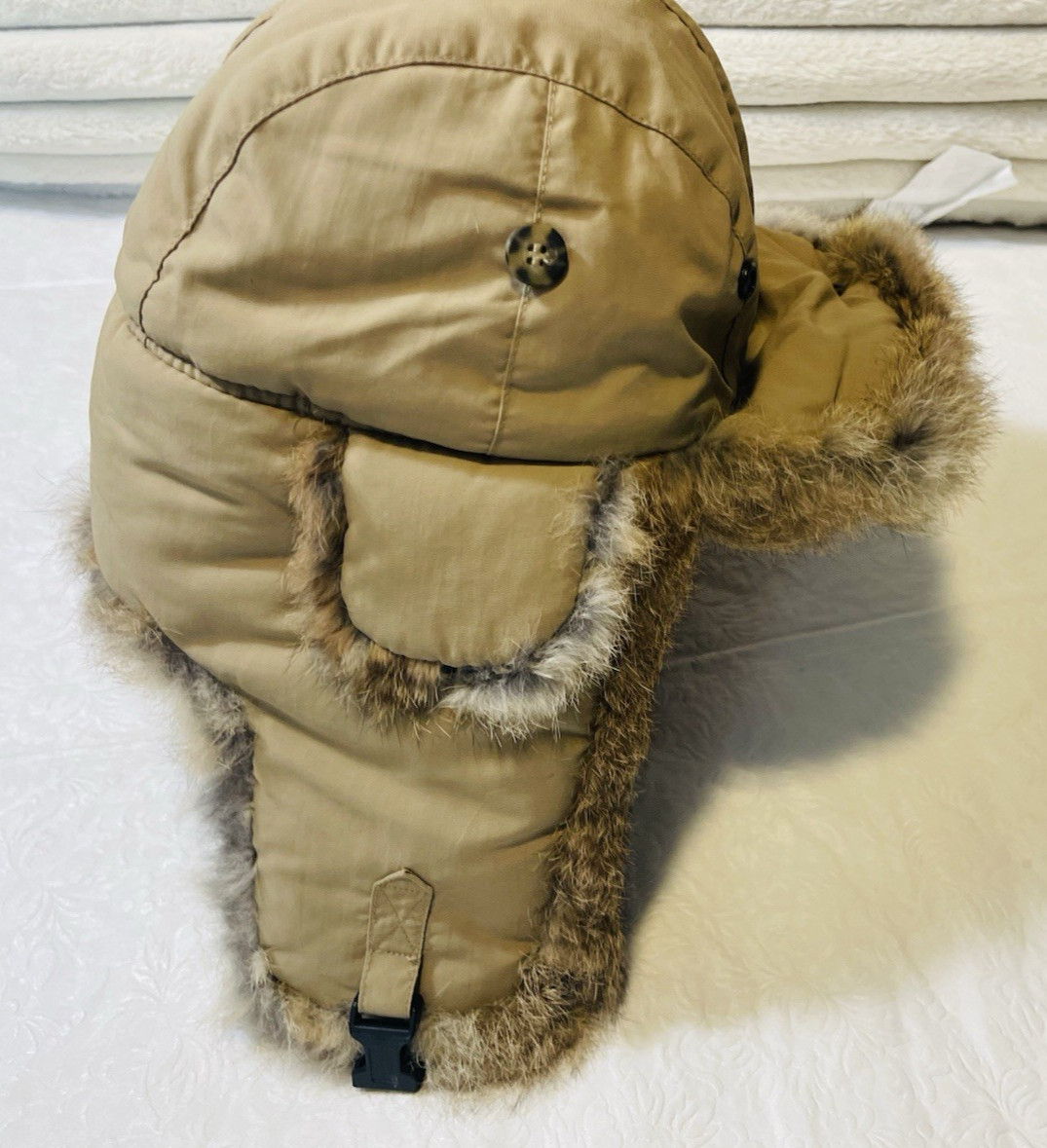 Mad Bomber Trapper Hat S Tan Rabbit Fur Ear Flaps Quilted Lining Winter New Con