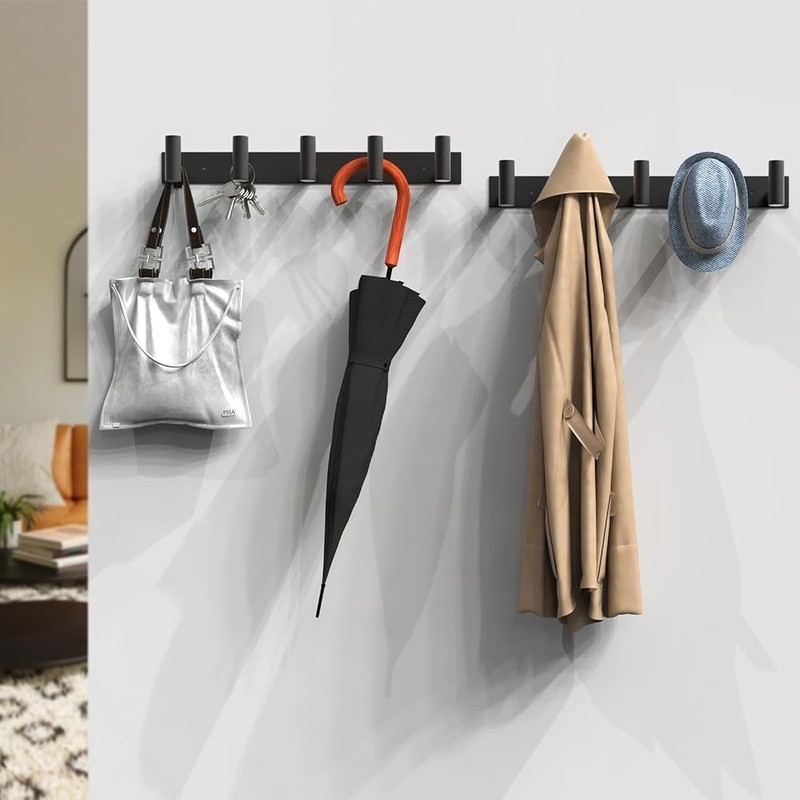 Black Wall Mounted Coat Rack W/ 5 Hooks Anti Slip Scratch Resistant Easy Install