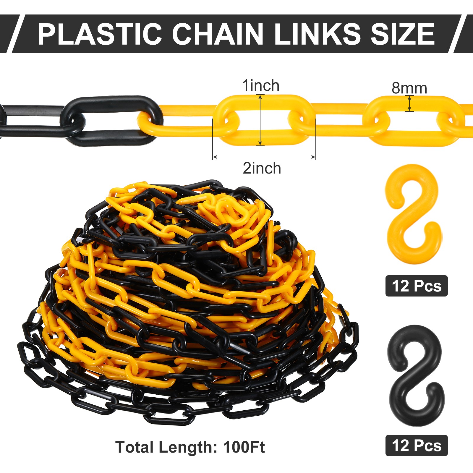 Plastic Chain Links, 100 Foot 2" Safety Chains, Yellow/Black Plastic Chains