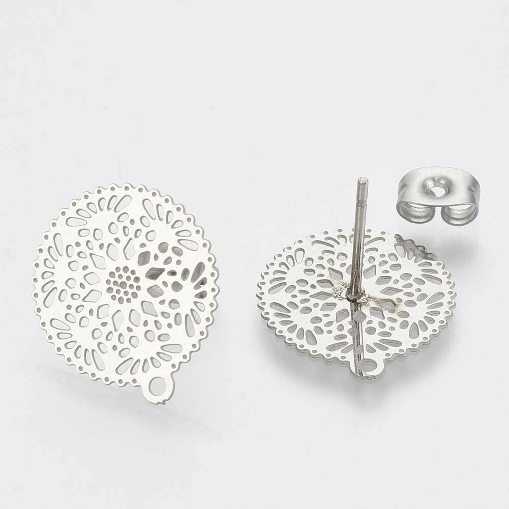 4 Filigree Stud Earring Blanks Setting Findings Silver Stainless Steel Drops
