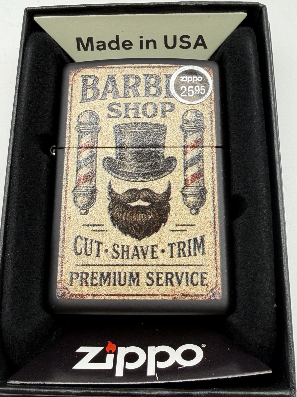 2025 Barber Shop Premium Service Black Matte Zippo Lighter New 47479