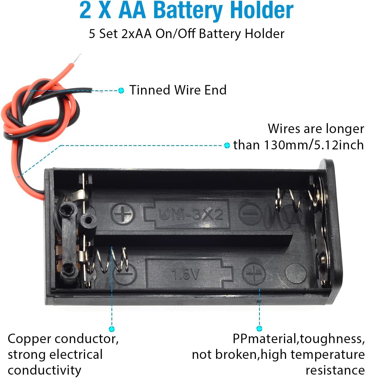 5Pcs 2X 1.5V AA Battery Holder Case with On/Off Switch and Wire Leads