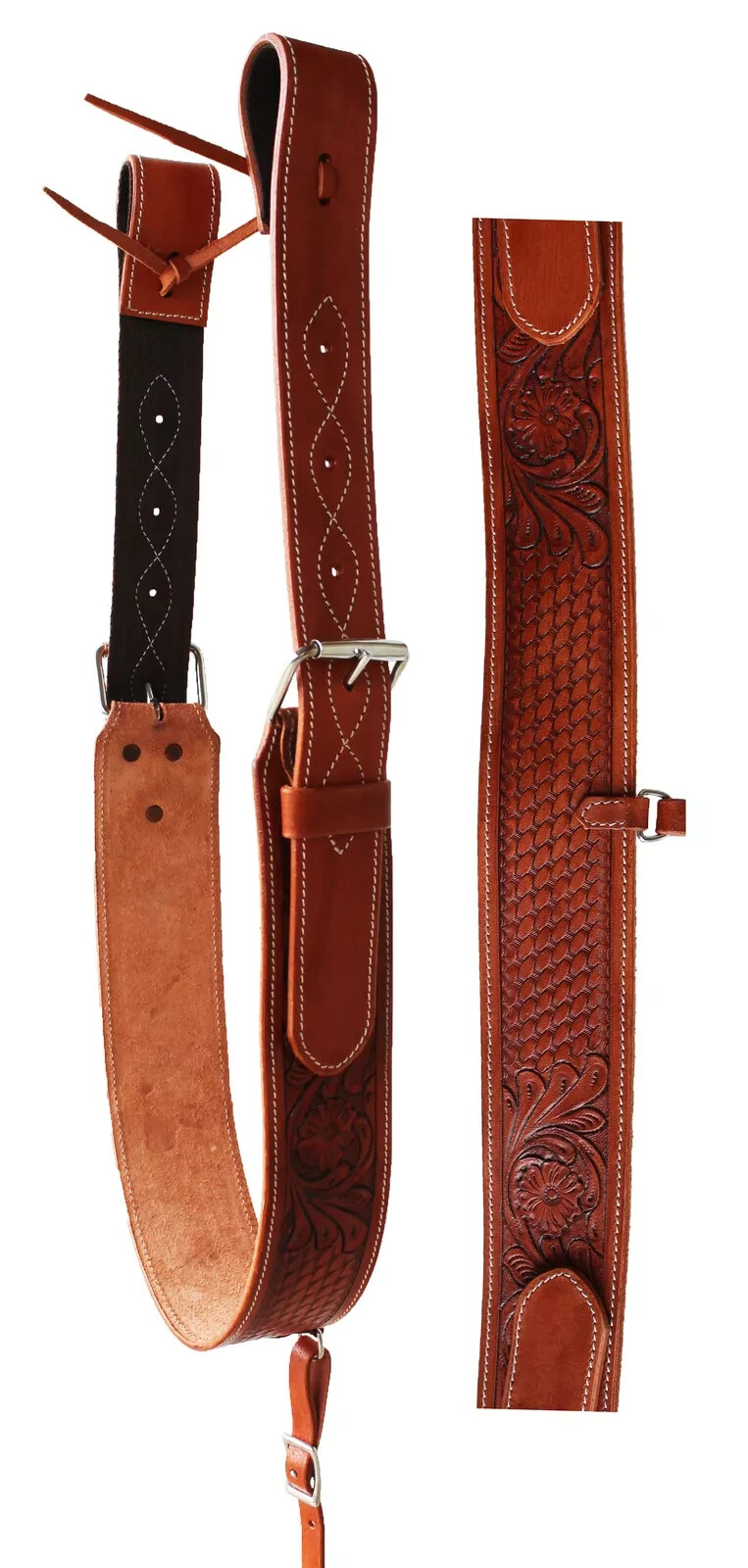 Horse Western Leather Basket weave Tooled Floral Rear Flank Saddle Cinch.