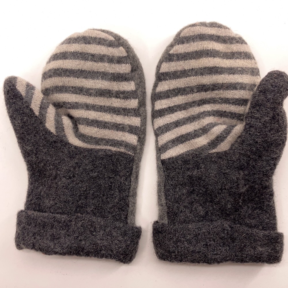 Upcycled Gray Stripe Sweater Mittens Button