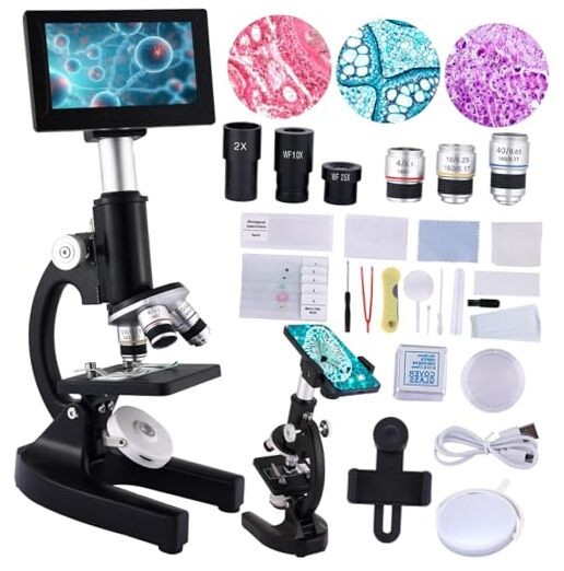 Microscope 40X-2500X Magnification with 4.3-Inch Display—Wide-Angle 10X—Black