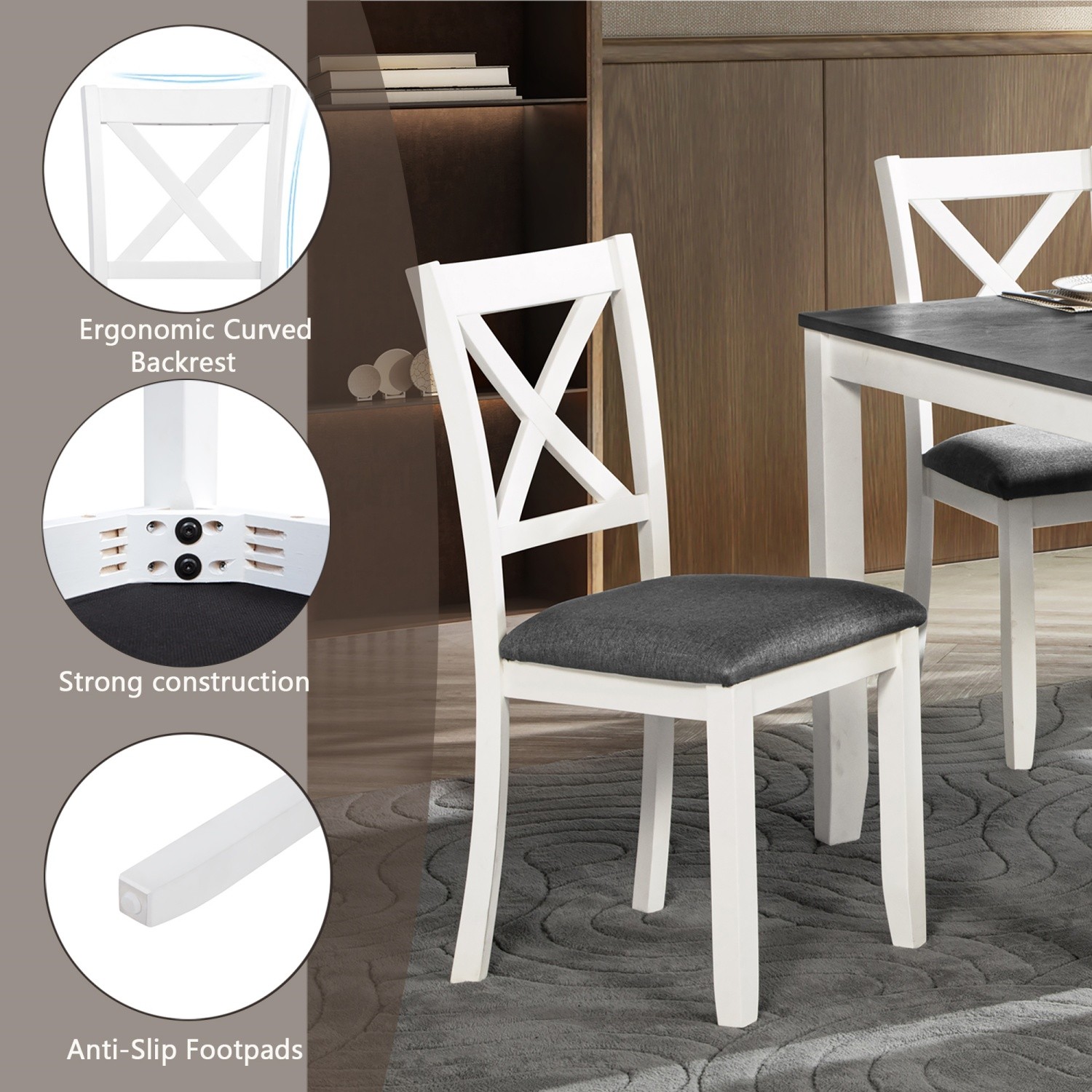 Modern 7-Piece Solid Wood Frame Dining Table Set w/ Table & 6 Upholstered Chair