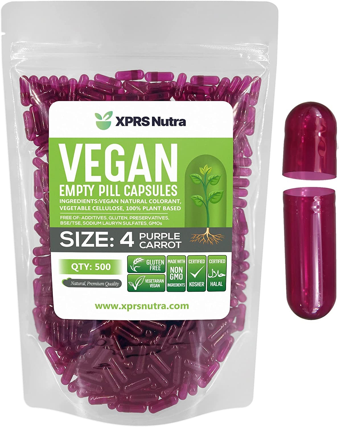 Size 4 Purple Carrot Empty Vegan Capsule Kosher Pill Vegetable Veggie Caps