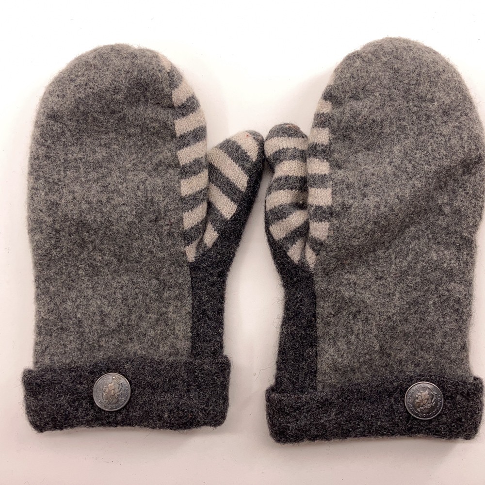 Upcycled Gray Stripe Sweater Mittens Button