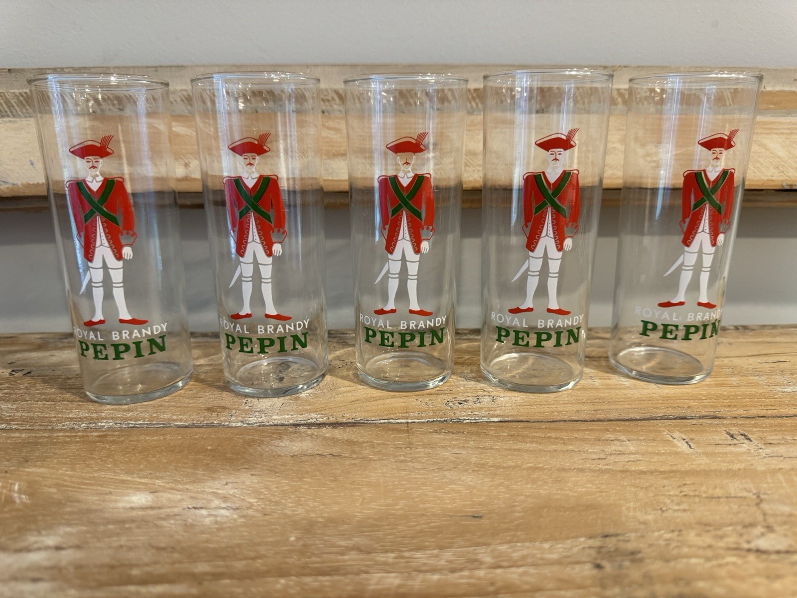 Set Of 5 Vintage Royal Brandy Pepin Advertising Glasses 5.5Hx2