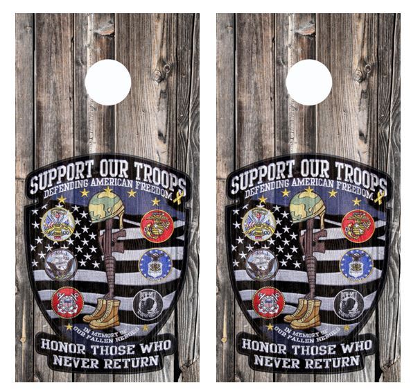 Support Our Troops Barnwood Cornhole Board Wraps  FREE LAMINATE  #2829