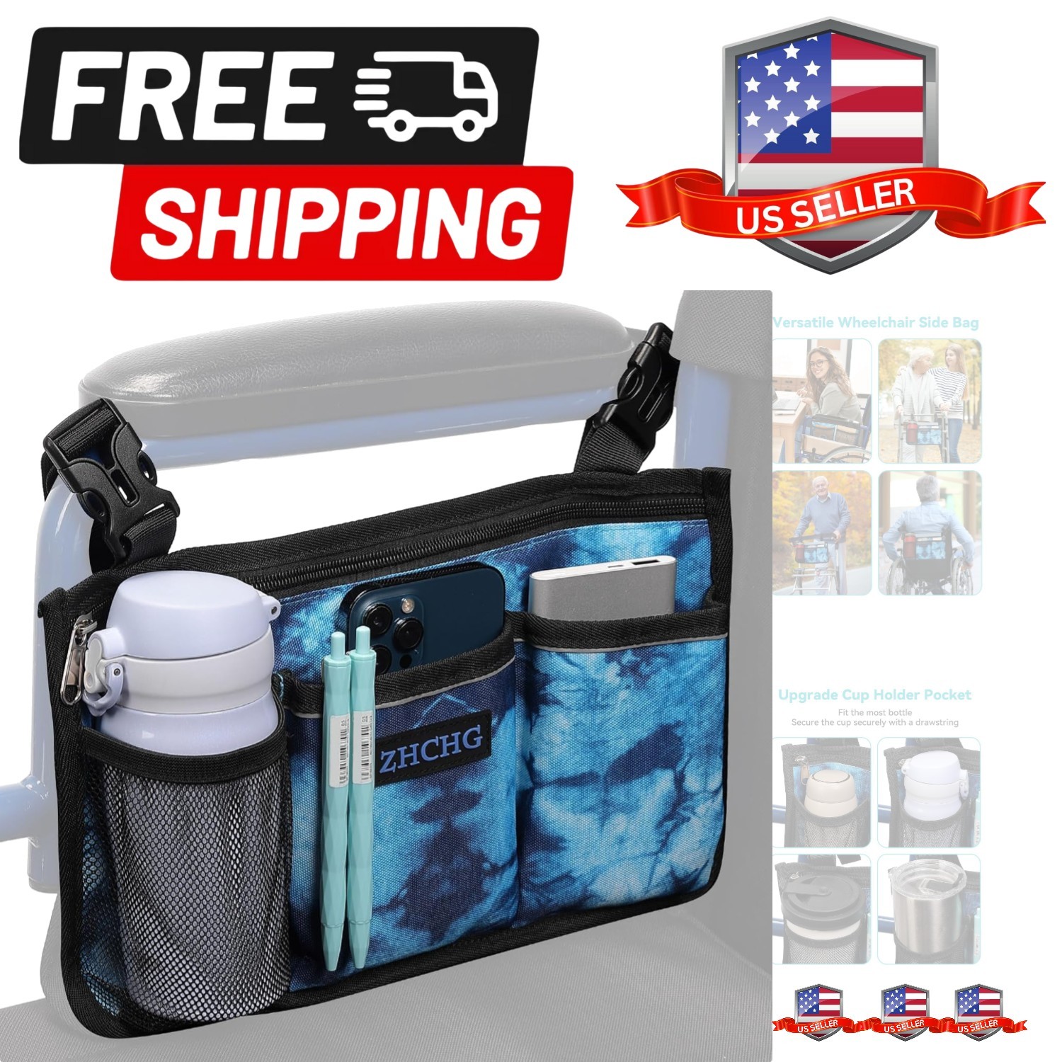 Wheelchair Side Bag, Wheelchair Armrest Pouch Accessories with Cup Holder, St...