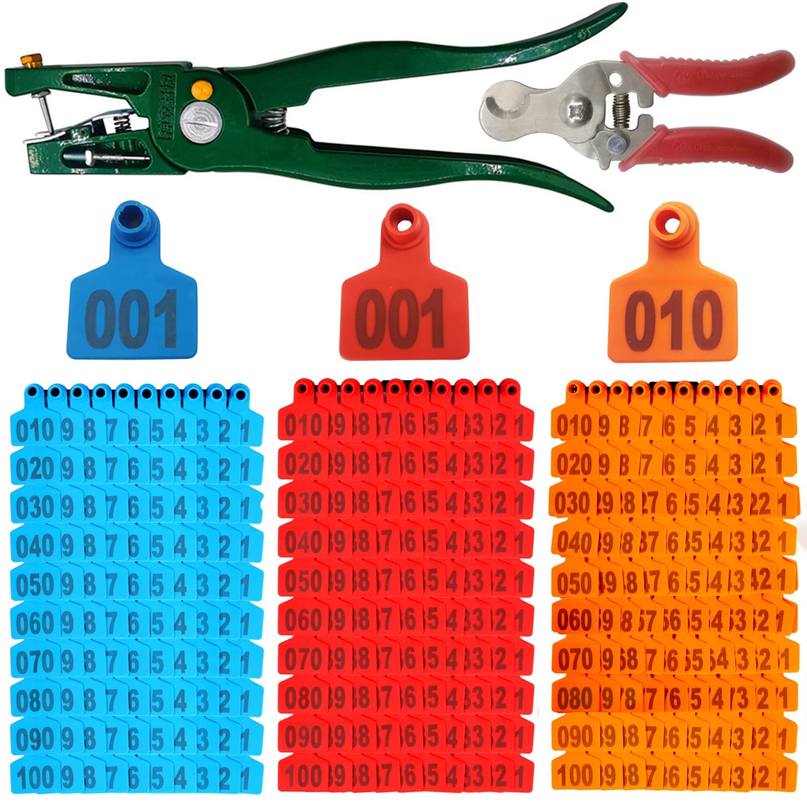 300PCS Cattle Ear Tags Kit - 001-100 Numbered Plastic Red Blue Orange Livesto