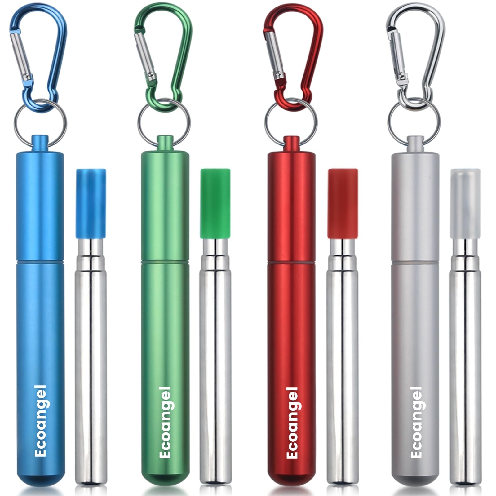 4 Pack Reusable Collapsible Stainless Steel Drinking Straws with Case Brush Keyc