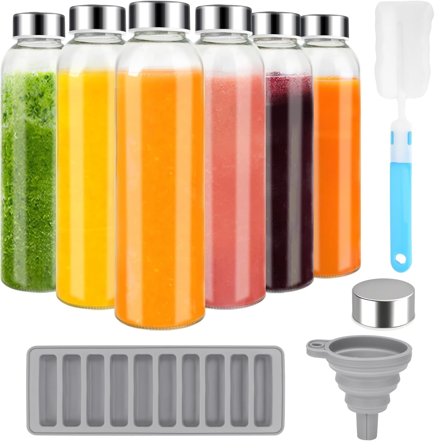 Zukro Glass Water Bottles with Lids 18 Oz, 6 Pack Reusable Juice Bottles with St