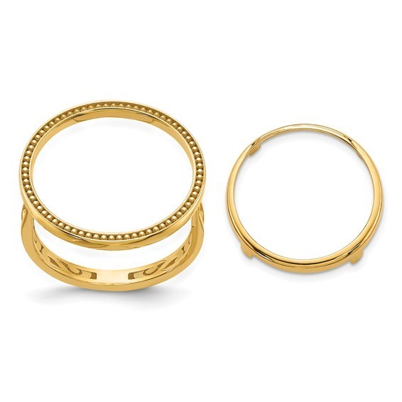 10k Yellow Gold Ladies Polished Filigree Sides Beaded Top 16.5mm Coin Bezel Ring