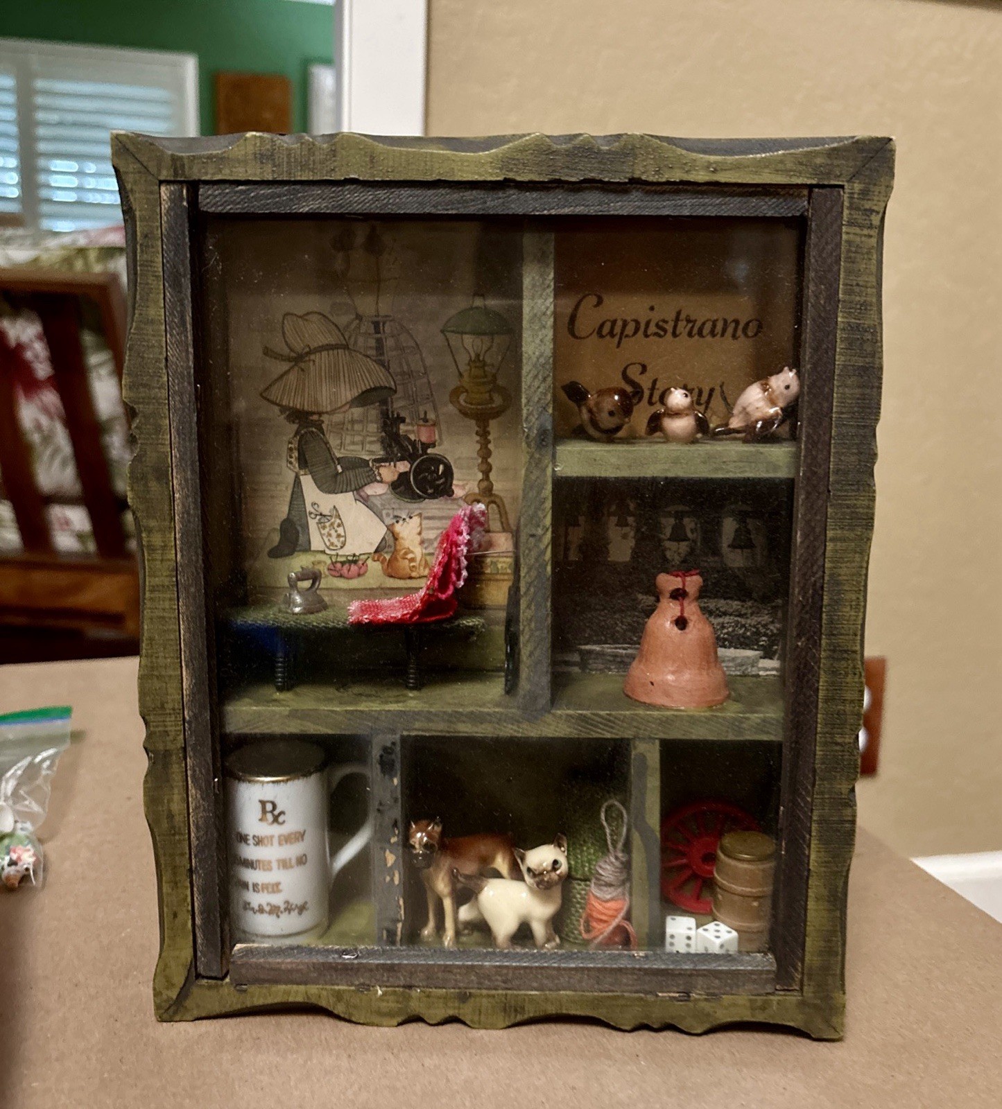 VTG Wooden Capistrano Shadow Box-Swallows Cat Dog Iron Holly Hobbie Rx Dice Bell