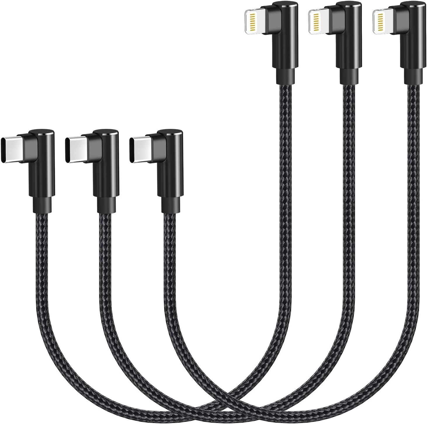 USB C to Lightning Cable 1ft 3 Pack MFi Certified Right Angle iPhone Black